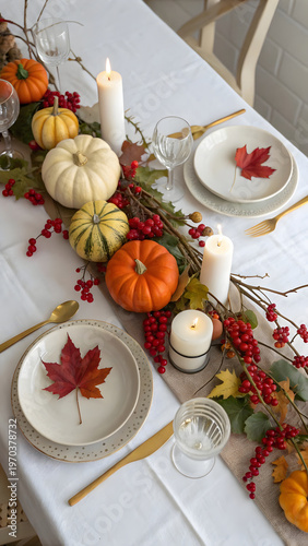 Elegant dining table features white linen cloth decorated with centerpiece of colorful mini pumpkins burning white pillar candles red berries and dried maple leaves