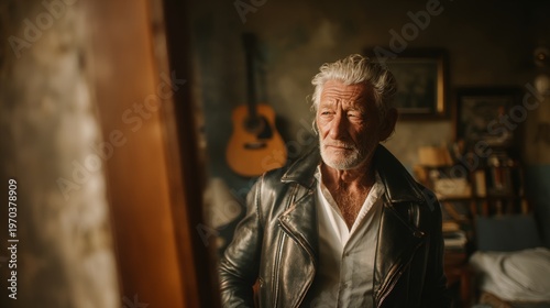 Gray-haired man in leather jacket