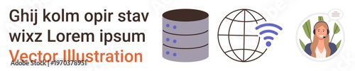 Data management, cloud computing, global connectivity, online communication, customer service, tech support. ion of a database, globe with wireless and a customer service agent. Data management