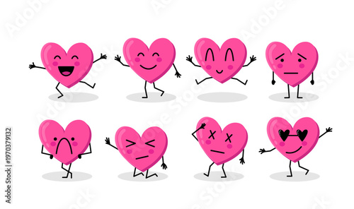 Heart Characters with Different Emotions. Heart Shape Emoji with Cute Faces Set. 