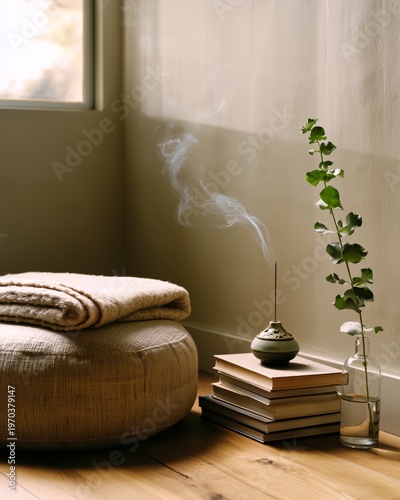 Soothing interior scene: incense, books, plant, towel, soft lighting