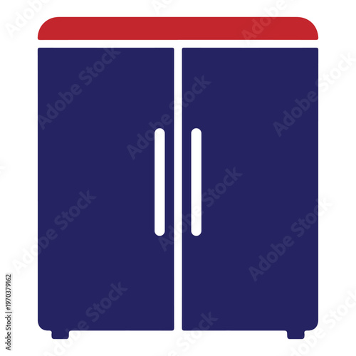 Modern Blue Cabinet with Red Top and White Handles.