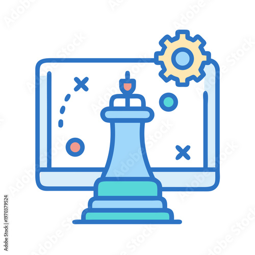 Digital strategy with chess piece, computer screen, gear wheel for planning concepts