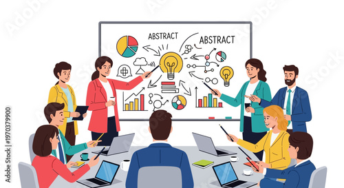 Illustrated diverse team of people at a business meeting, delivering a sales presentation with charts and graphs in a bright vector design, conveying a collaborative startup environment