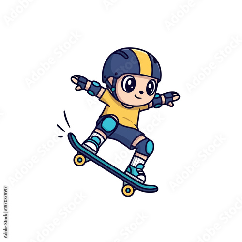 Cartoon Child Riding Skateboard with Protective Gear.