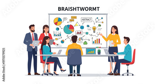 Illustrated vector art shows a diverse team in a bright, modern startup meeting, reviewing a graph-filled sales data presentation on a whiteboard, with icons and characters