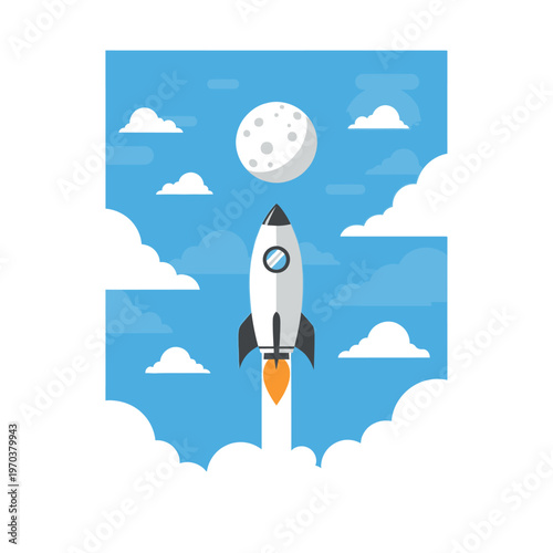 White Rocket Ship Launching into Space.