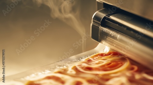 Vacuum sealer seals bacon in plastic bag. Close-up shot shows food packaging process
