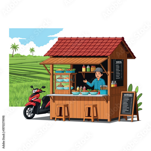 Wooden Kiosk with Vendor and Motorbike.