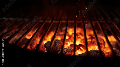 Hot coals burn brightly beneath grill grates