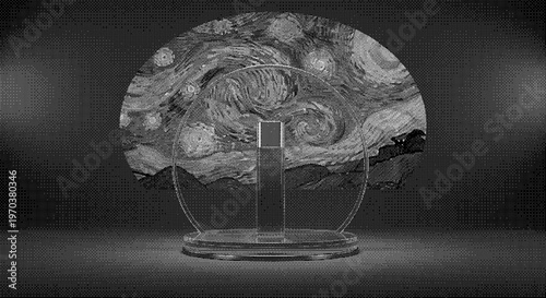 A highly detailed pixelated illustration of a brain on a with gray tones