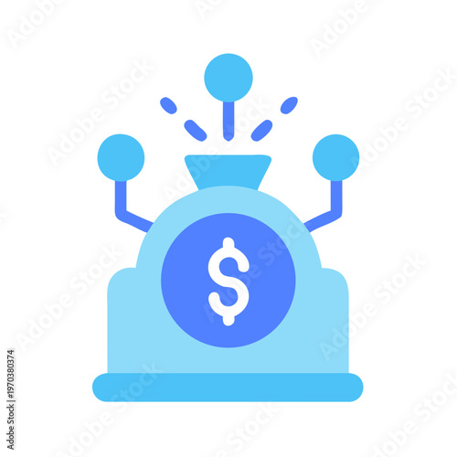 Blue money bag with connected floating orbs creating a financial network