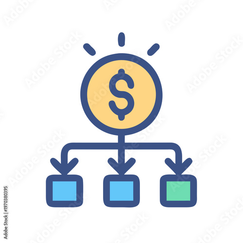 Financial distribution flowchart icon representing investment strategies and wealth allocation on black background