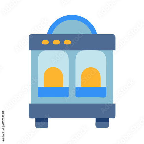 Retro ticket booth illustration with bold colors and simplistic design aesthetic.