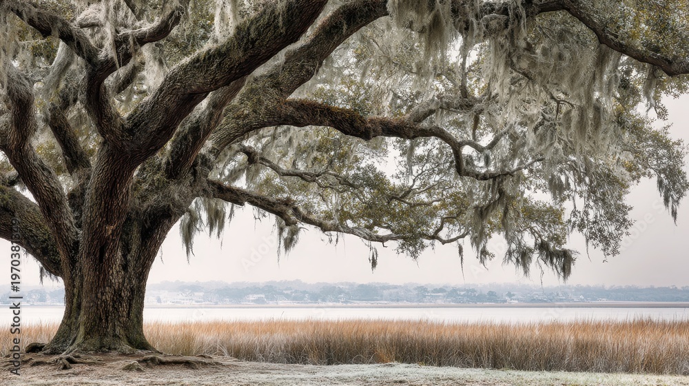 Naklejka premium Massive southern live oak in winter with draped Spanish moss near Charleston, South Carolina
