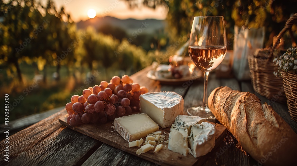 Fototapeta premium Sunset in vineyard with wine, cheese, grapes, and bread on table
