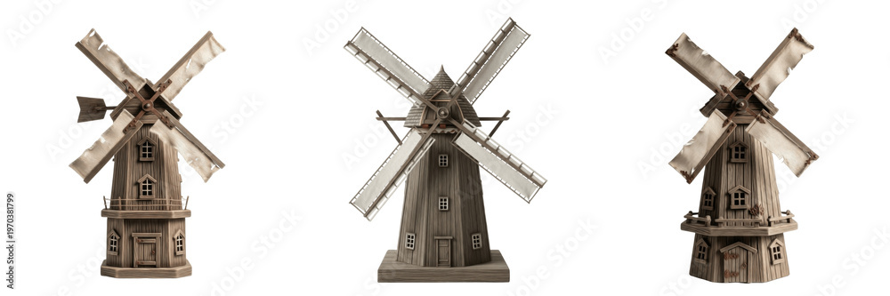 Fototapeta premium Set of Traditional Stone Windmills with Wooden Sails and Classic Architecture Isolated on White Background