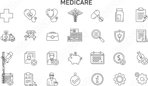 Medicare and Medical Insurance Outline Icon Set