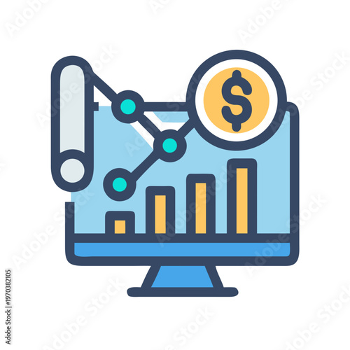 Stylized desktop computer displaying a financial graph with a dollar coin icon