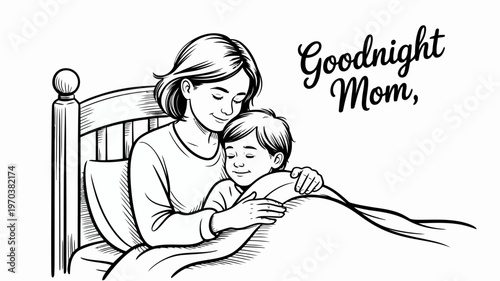 A mother tucking her young child into bed at night, black and white line art illustration