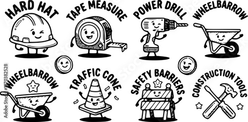 Flat design set of construction tools including hard hat tape measure drill wheelbarrow traffic cone and barriers icons