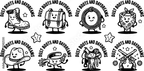 Flat design set of Dust boots and daydreams western style lettering icons
