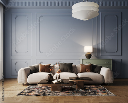 Modern interior design of living room with beige sofa and empty blue wall background. 3D Rendering, 3D Illustration
