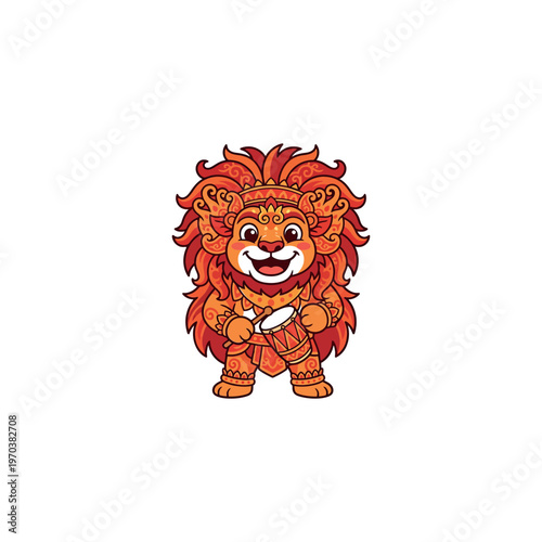 Cartoon lion with big mane smiling.