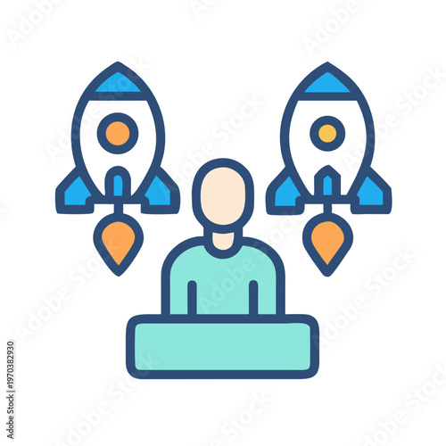 Startup launch concept: Person overseeing the takeoff of two stylized rockets on black