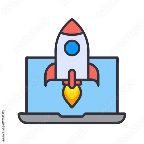 Rocket launching from laptop symbolizing startup success and rapid technological advancement