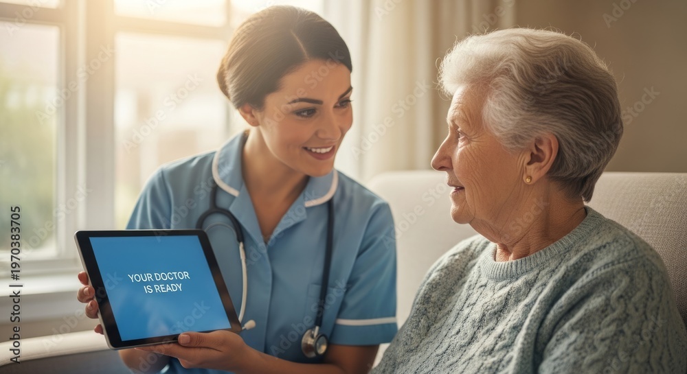 Obraz premium Healthcare professional showing elderly patient digital health update