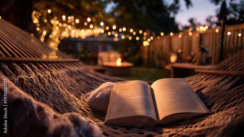 Fototapeta premium Open book resting on hammock with string lights in backyard