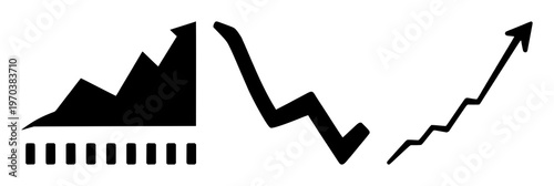 Downward market trend chart icon set with solid black form on white background featuring line chart, bearish trend, monetary indicator with finance and analytics