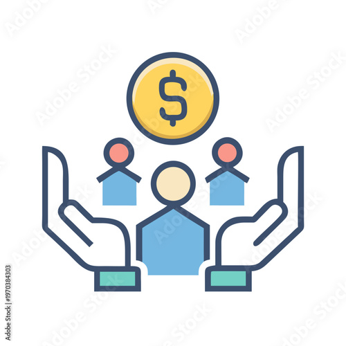 Crowdfunding and investment conceptual illustration showing hands holding up community to get funded