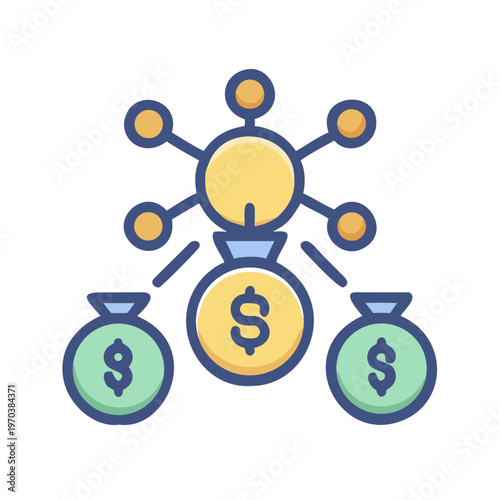 Decentralized finance icon showing money distribution from network into separate funding bags