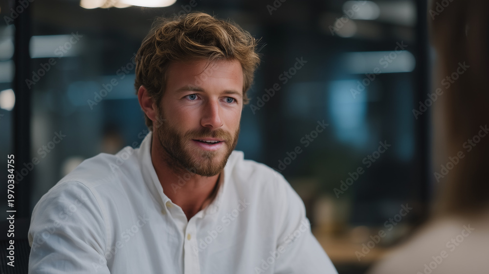 Naklejka premium Startup cofounder explaining reduced equity stake to early employee, difficult conversation in glass-walled meeting pod, afternoon shadows, perfect for compensation transparency, ownership dilution,