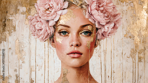 Portrait de femme avec des fleurs roses dans les cheveux