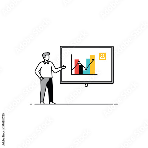 Man presenting a colorful graph on screen.