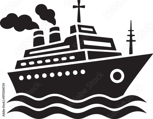 Large ocean cruise ship with smokestacks and cross on top sailing through waves