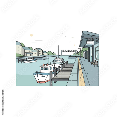 Εκτύπωση καμβά Illustration of Boat at Dockside.