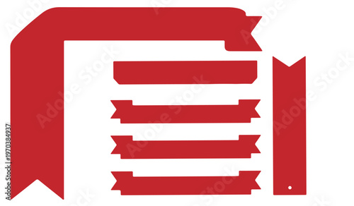 Collection of red ribbon banners and corner decorative labels for creative packaging design and retail marketing layout assets.
