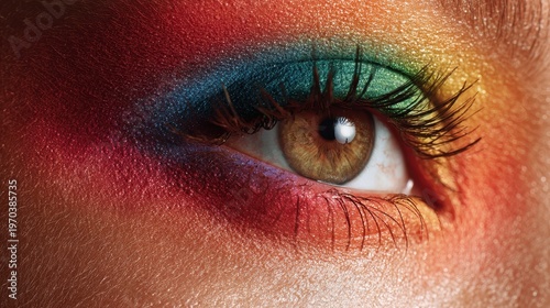 Macro portrait of a rainbow-tinted eye with chromatic makeup for web banners