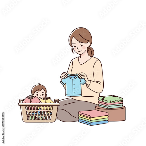 A gentle mother neatly folds light blue infant shirts while her curious toddler peeks out from a plastic laundry basket. This tender domestic scene illustrates daily household chores, with copy space.