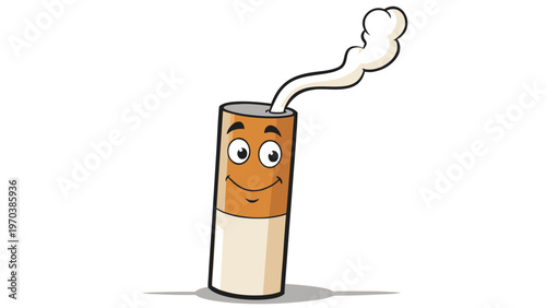 Cartoon cigarette character with a happy face and smoke rising, illustrating smoking or addiction concept