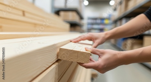 Carpenter selecting lumber pieces in hardware store aisle