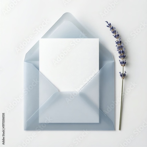 Translucent Vellum Envelope with Blank Card and Lavender Sprig for Wedding Invitations