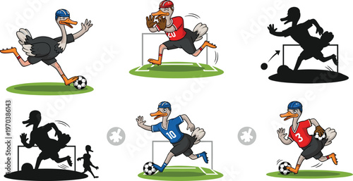Cartoon Ostrich Sports Icon Set with Soccer, Football, and Running Poses for Kids, Team Sports, and Fun Activities.
