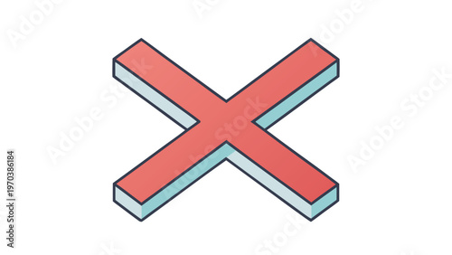 Isometric red X mark with blue outline on white background representing error or incorrect choice