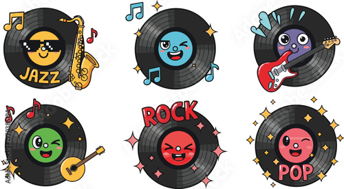 Cartoon Vinyl Record Characters Set with Music Genres (Jazz, Rock, Pop) and Instruments for Music, Events, and Entertainment.
