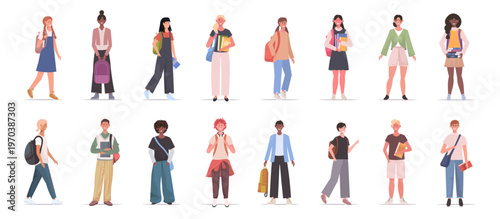Bild auf Leinwand Collage of children with backpacks and books in casual clothes on white background